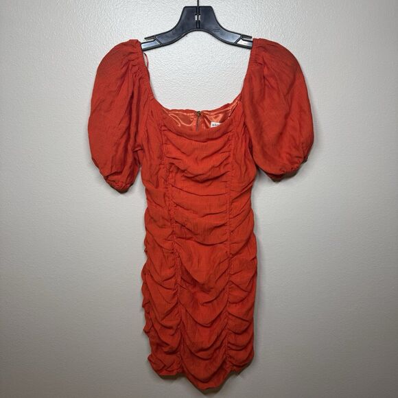 Moon River Dresses & Skirts - Moon River Ruched Puff Shoulder Bodycon Mini Dress in Red/Orange Women’s Size XS